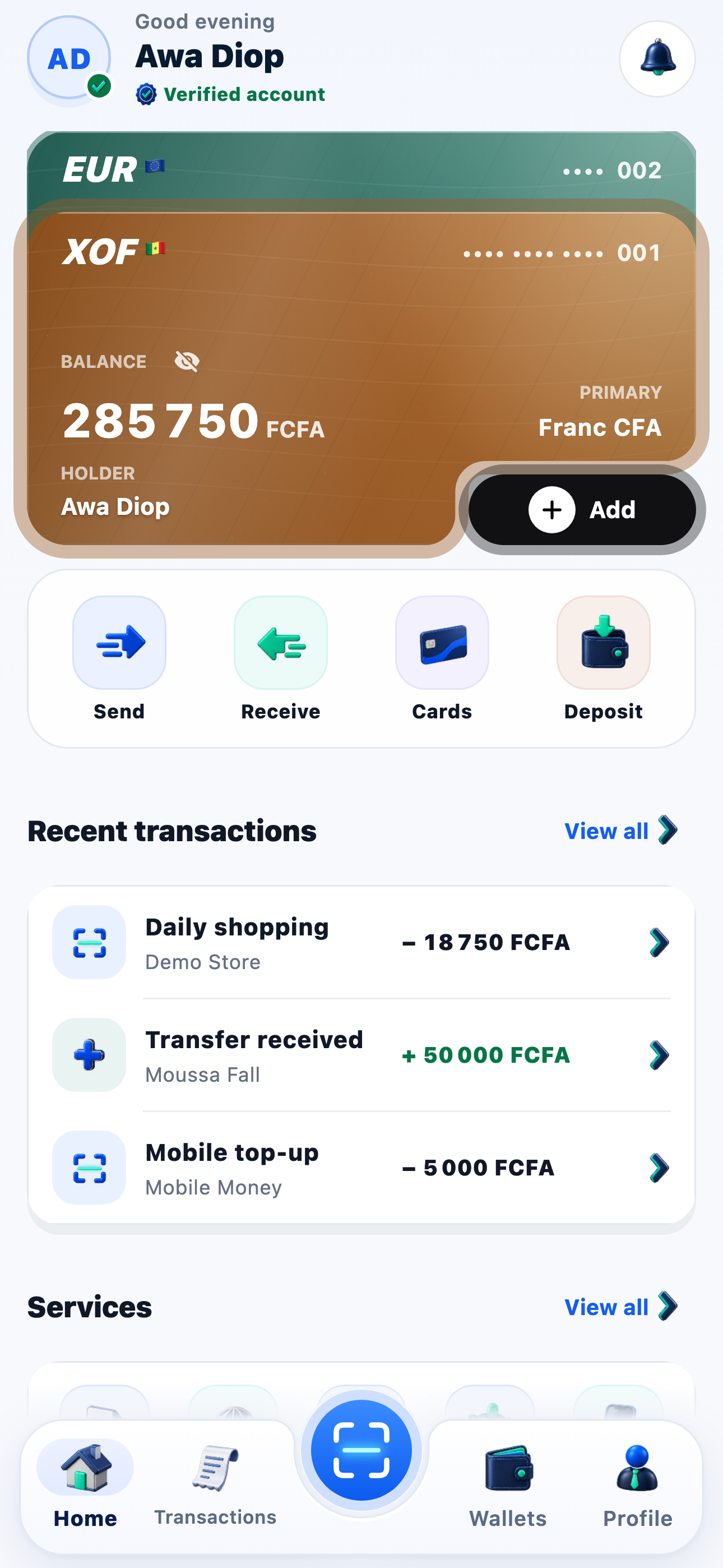 Kashora app home screen showing wallets and transactions