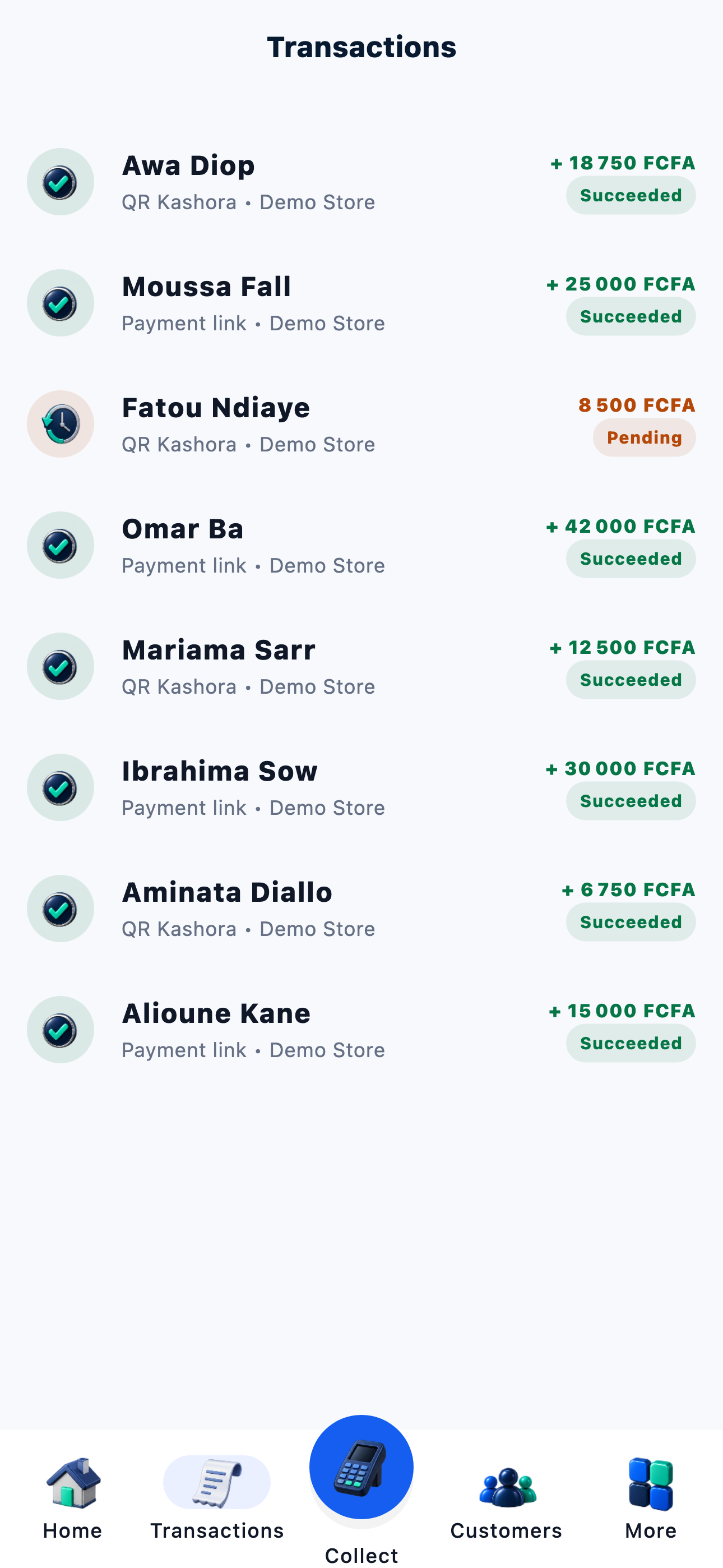 Kashora merchant screen showing demo collections